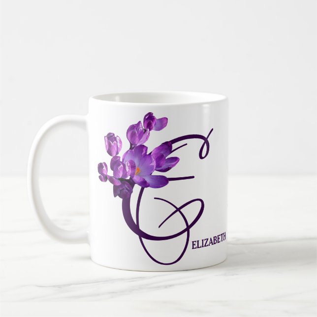 Mug Fleur de printemps mauve Elizabeth nom monogramme  (Gauche)