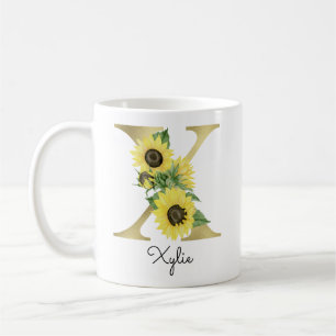 Mug Fleur de tournesol doré personnalisé avec initiale