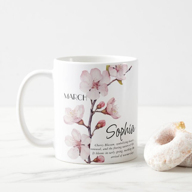Mug Fleur du mois de naissance mars Personnalisé (Avec donut)