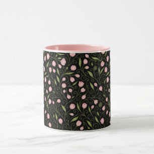 Mug Fleur mignonne, rose sur noir avec motif répétitif