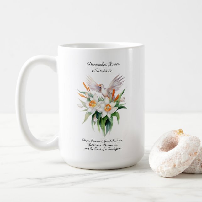 Mug Fleur Narcisse de décembre avec oiseaux floraux (Avec donut)