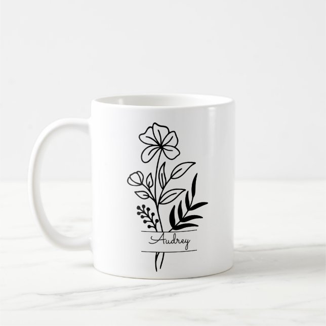 Mug Fleur Noire Personnalisée Illustrée Avec Nom (Gauche)