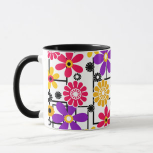 Mug Fleur rétro, rétro lumineux, floral, rouge et jaun
