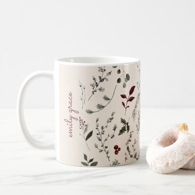 Mug Fleur sauvage de Noël moderne Nom Monogram Motif (Avec donut)