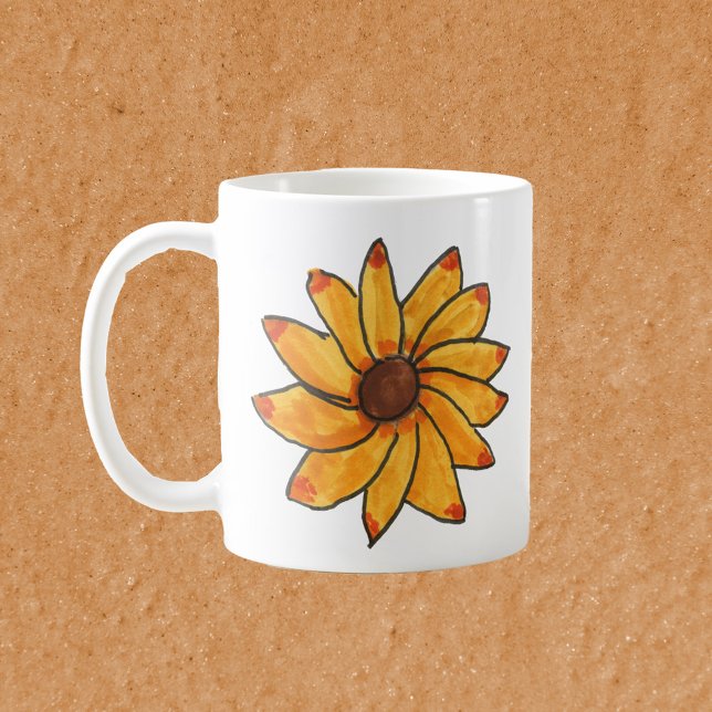 Mug Fleur Tournesol Jaune main dessinée (A mug with a hand drawn yellow sunflower.)
