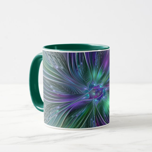 Mug Fleur vert violet Art Abstrait moderne Fractal (Devant gauche)