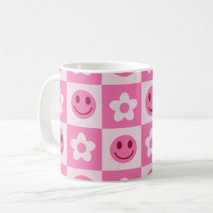 Mug Fleurs à carreaux et visages heureux Rose