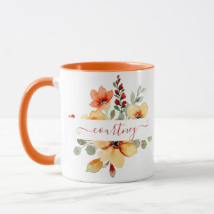 Mug Fleurs aquarelles orange vif personnalisées