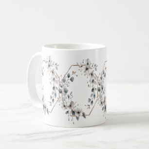 Mug Fleurs blanches à l'aquarelle cadre doré argent sa