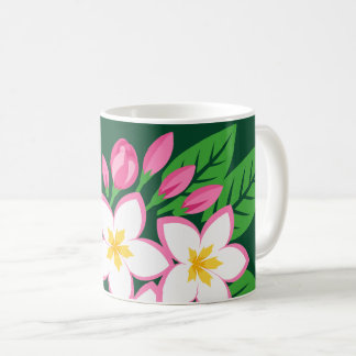 Mug Fleurs blanches avec des bords roses et des feuill