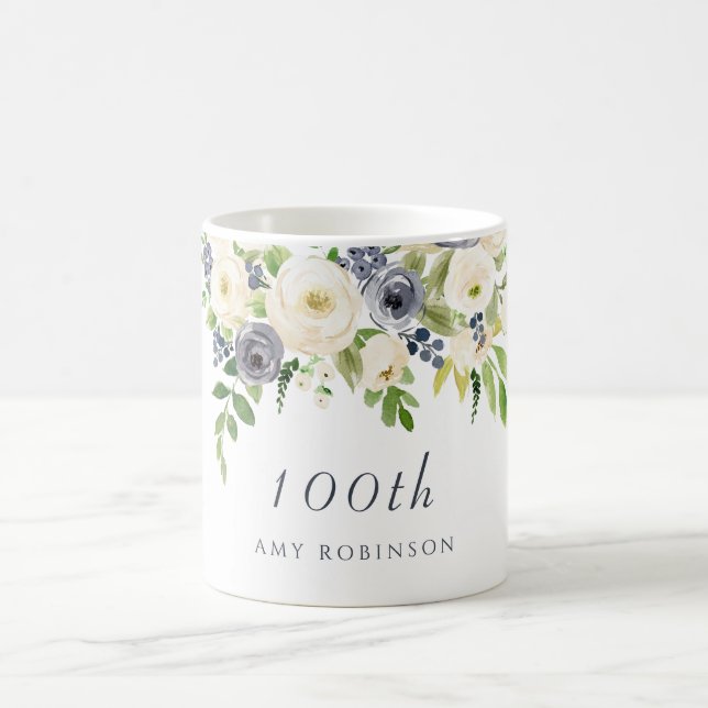 Mug Fleurs blanches et de la marine Femme 100e anniver (Centre)