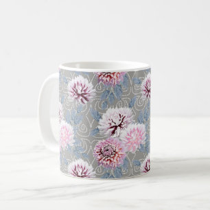 Mug Fleurs blanches et roses sur gris.