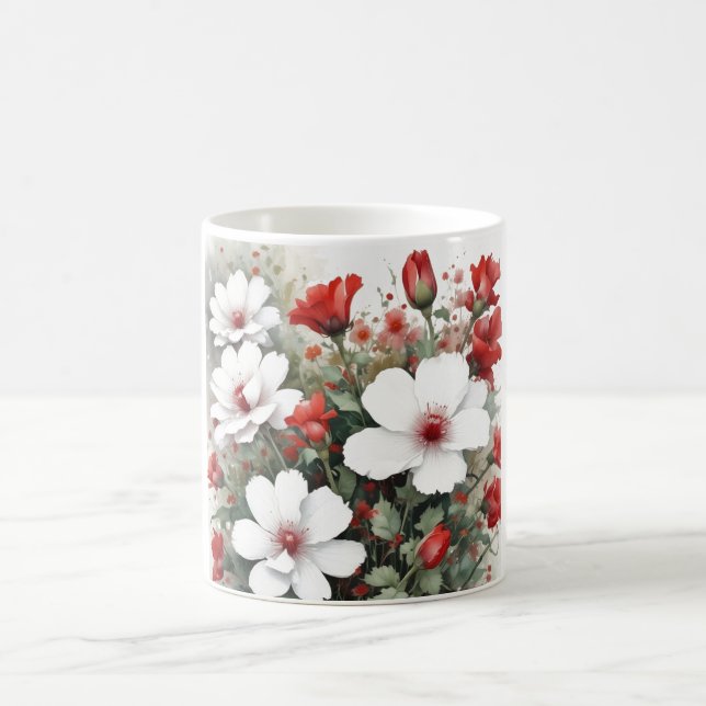 Mug Fleurs blanches et rouges Elégante aquarelle (Centre)