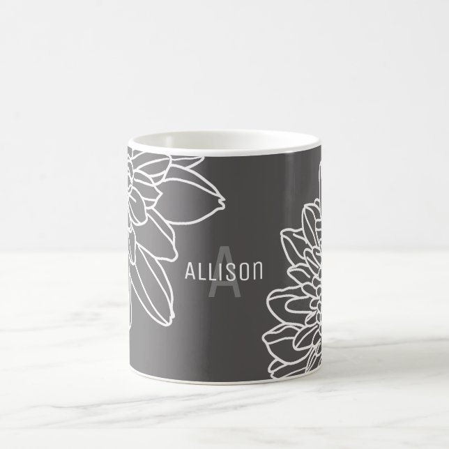 Mug Fleurs blanches gris tendance Nom initial (Centre)