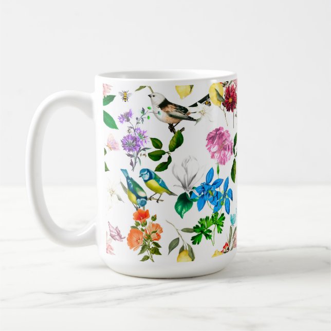 Mug Fleurs blanches, oiseaux, abeilles, citron, papill (Gauche)