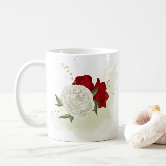 Mug Fleurs blanches rouges feuillage  (Avec donut)