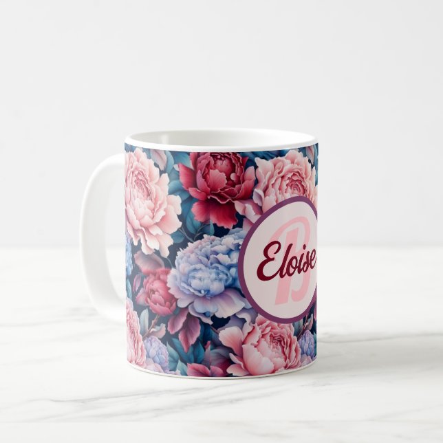 Mug Fleurs bleues et roses Personnalisées (Devant gauche)