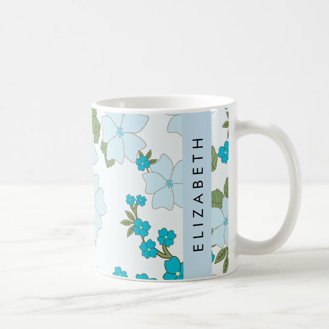 Mug Fleurs Bleues, Motif De Fleurs, Votre Nom (Droite)