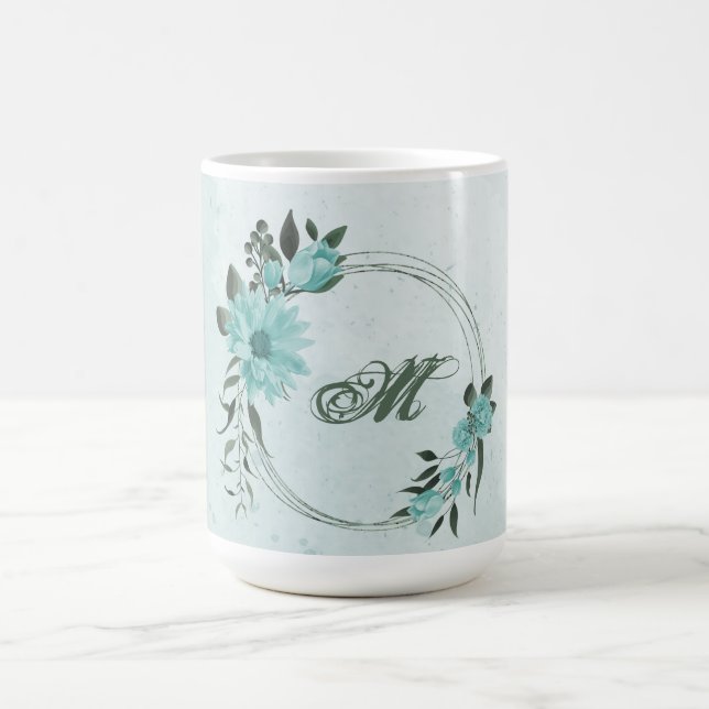 Mug fleurs bleues romantiques et feuilles vertes (Centre)