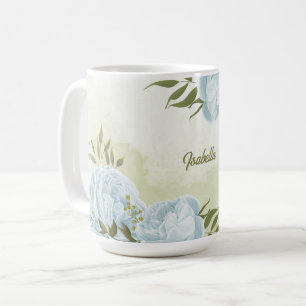 Mug fleurs bleues romantiques  & feuilles vertes botan