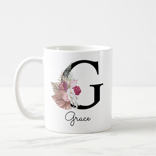 Mug Fleurs Boho Rose Monogramme Initiale G (Gauche)