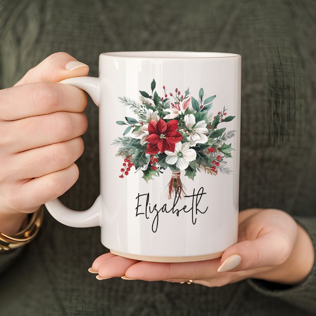 Mug Fleurs Bouquet de Noël pour Femmes ou Collègue (Christmas bouquet mug, Christmas floral mug, watercolor holiday mug, Christmas flower coffee cup,)