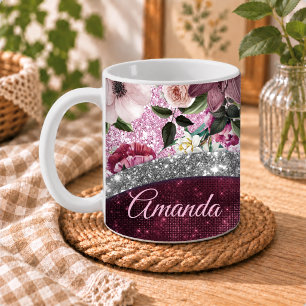 Mug fleurs Bourgogne rose argent faux monogramme paill