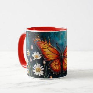 Mug Fleurs chamomiles de papillon d'insecte orange vif