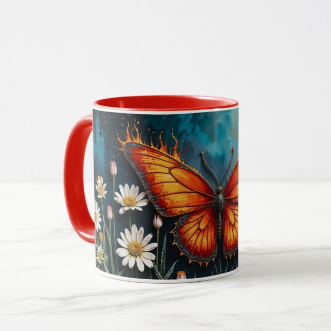 Mug Fleurs chamomiles de papillon d'insecte orange vif (Devant gauche)