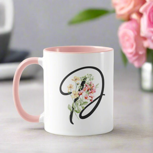Mug Fleurs d'aquarelle Fille Moderne Initiale "D" (Créateur téléchargé)