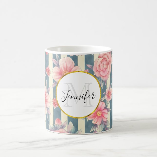 Mug Fleurs d'aquarelle rose sur bandes Monogramme (Centre)