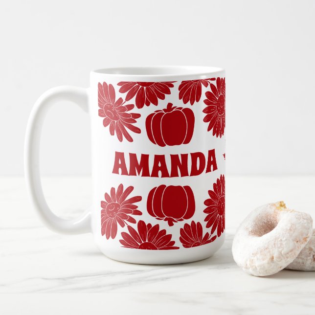 Mug Fleurs d'automne personnalisées Citrouille rouge (Avec donut)