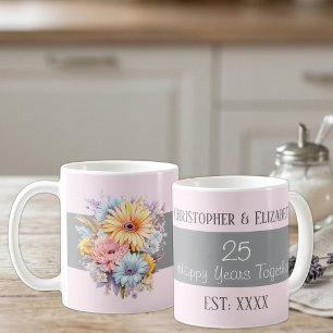 Mug fleurs de 25e anniversaire de mariage argenté noms