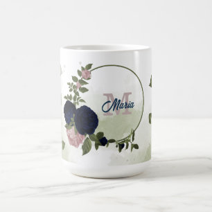 Mug fleurs de couleur rose et bleu marine, monogramme 