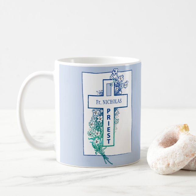 Mug Fleurs de croix du prêtre personnalisées (Avec donut)