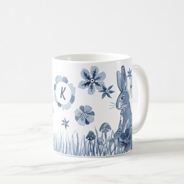 Mug Fleurs de lapin bleu et blanc Monogramme Lapin de  (Devant droit)