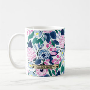 Mug Fleurs de marine rose douce Aquarelle or Monogramm