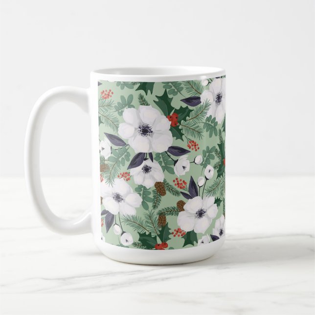 Mug Fleurs de Noël blanches et motif de baies rouges (Gauche)