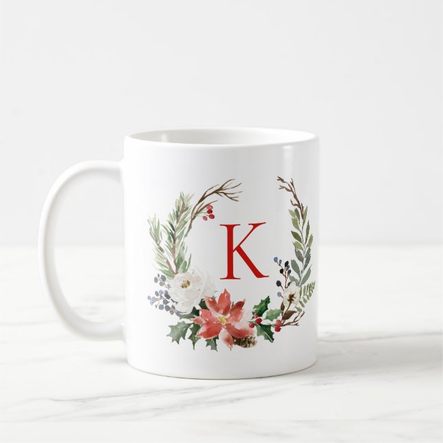 Mug Fleurs de Noël Monogramme personnalisé de couronne (Gauche)