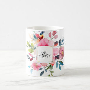 Mug Fleurs de printemps de couleur d'aquarelle Monogra