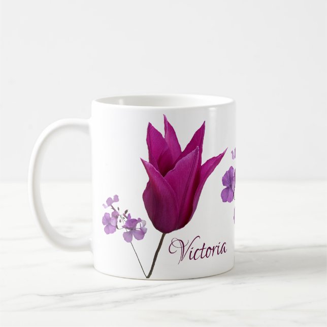 Mug Fleurs de printemps pourpres personnalisables Nom  (Gauche)