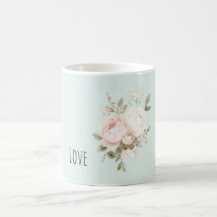 Mug Fleurs de rose blanches roses saumonées menthe