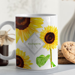 Mug Fleurs de soleil jaunes illustrées Monogramme