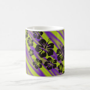 Mug fleurs d'hibiscus en noir vagues violettes verte