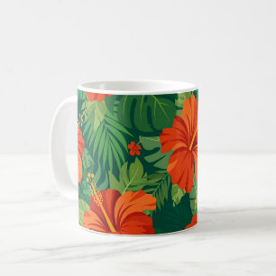 Mug Fleurs d'Hibiscus Rouge Orange Vert Feuillage de l