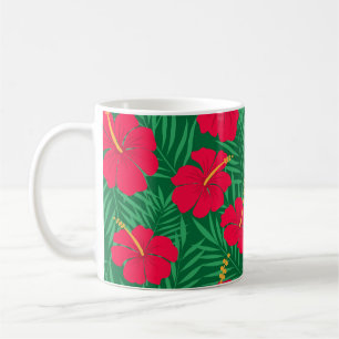 Mug Fleurs d'Hibiscus Rouge sur Feuilles Tropicales Ve