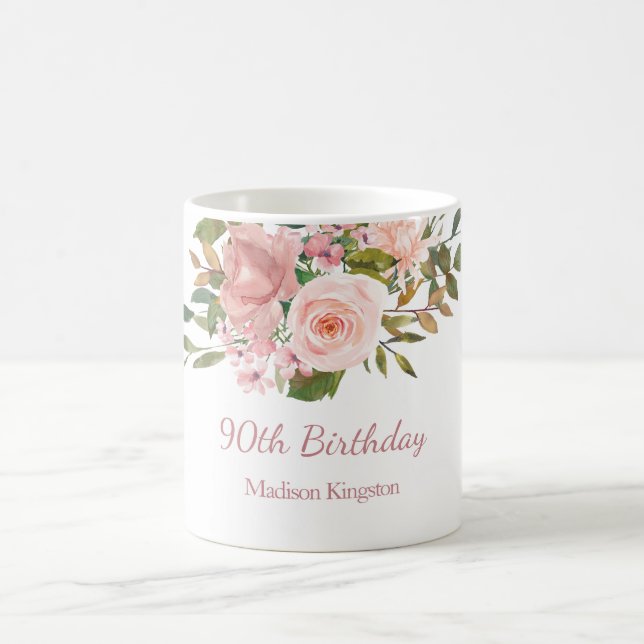 Mug Fleurs d'or rose 90e anniversaire cadeau de fête (Centre)