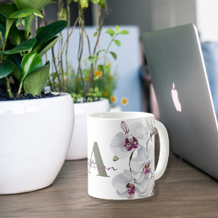 Mug Fleurs d'orchidées blanches délicates Monogramme
