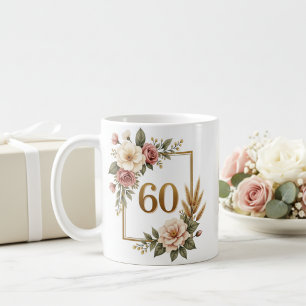 Mug Fleurs Élégantes 60e Anniversaire Nom et Date Pers
