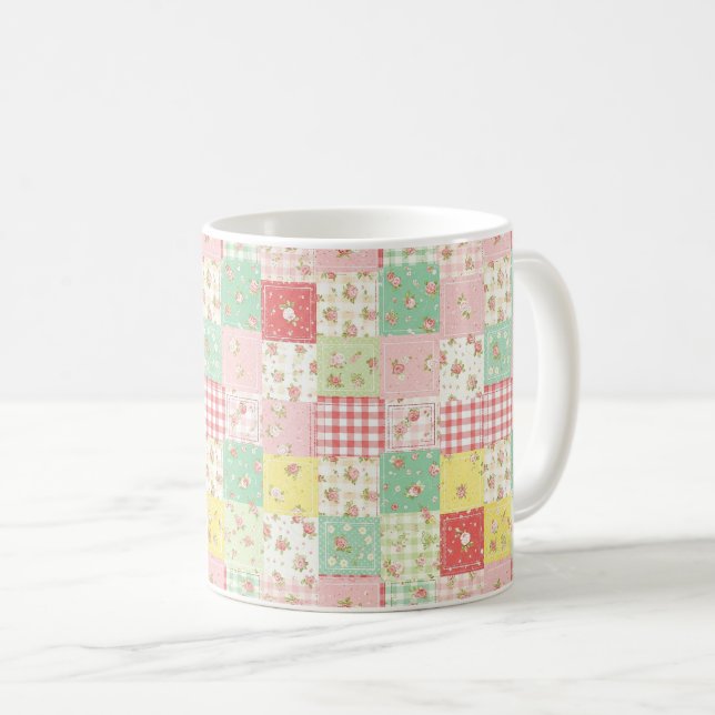 Mug Fleurs en patchwork gingham pastel doux (Devant droit)